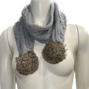Girls scarf - grey / tan puff fur ball